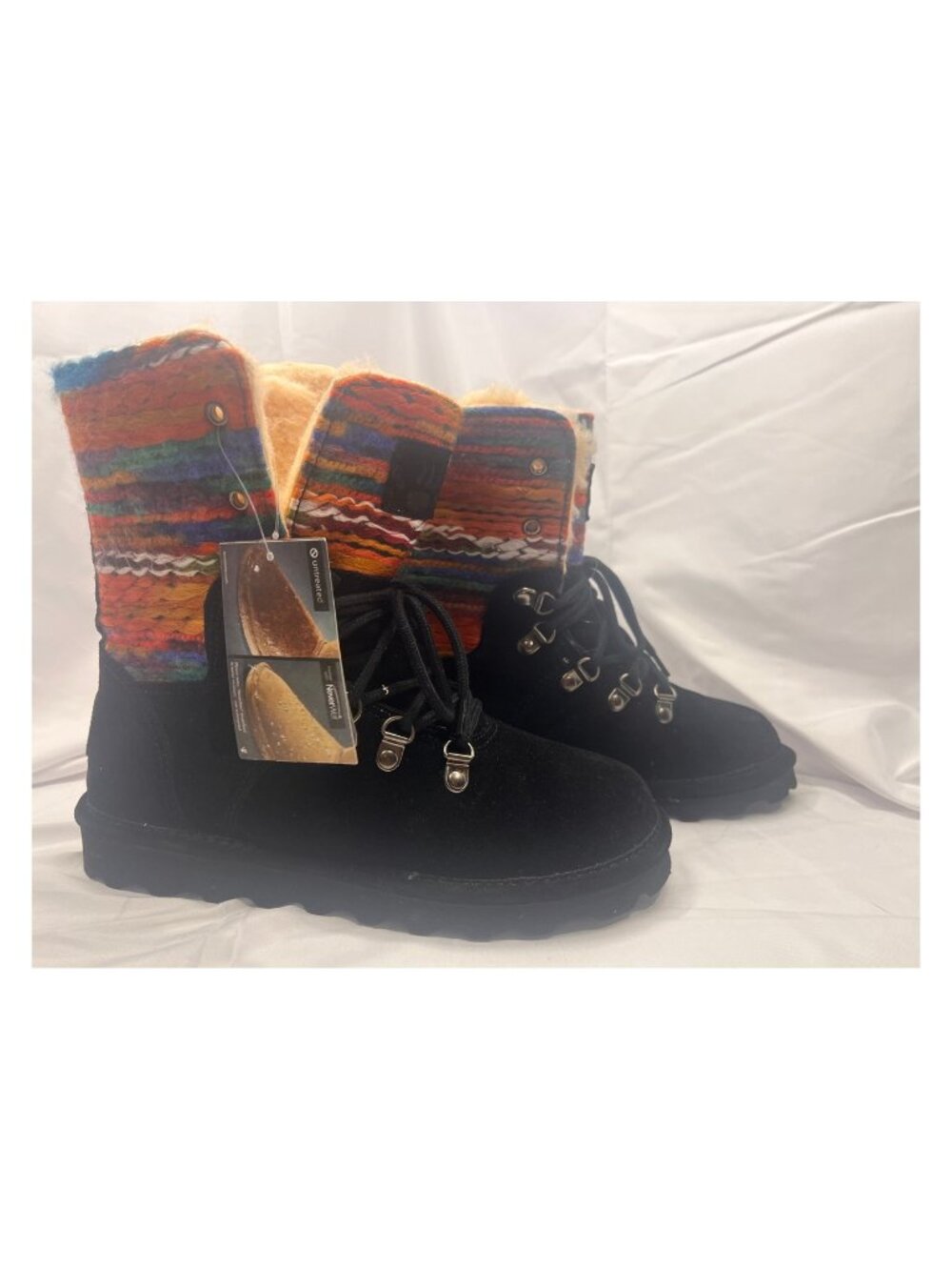 BEARPAW Women’s Size 8 Black Suede Boots Multicolor Knit Wool Lined NWT
